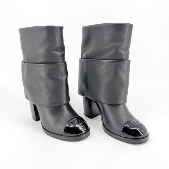 Chanel CC Cap Toe Foldover Boots EU 37.5 US 6.5-7 Black Leather High Block Heel - Picture 1 of 15
